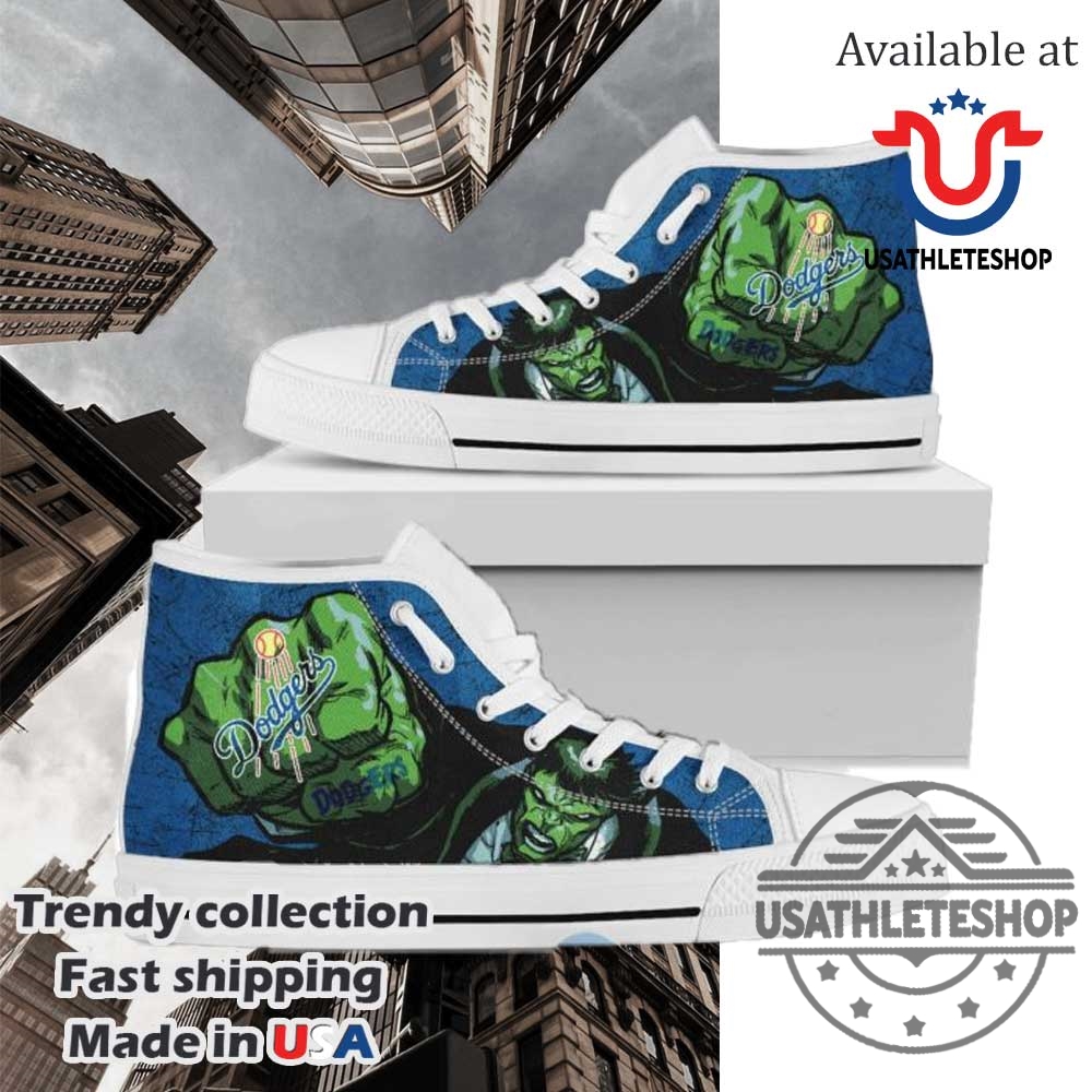 "Top Los Angeles Dodgers High Top Sneakers for Ultimate Fans" 2 3D Hulk Punch Los Angeles Dodgers High Top Shoes Black Sole Sneakers