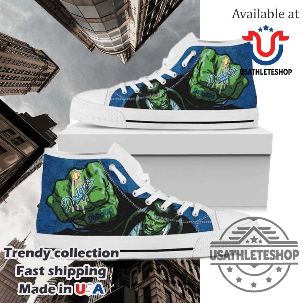 "Top Los Angeles Dodgers High Top Sneakers for Ultimate Fans" 5 3D Hulk Punch Los Angeles Dodgers High Top Shoes White Sole Basketball Sneakers