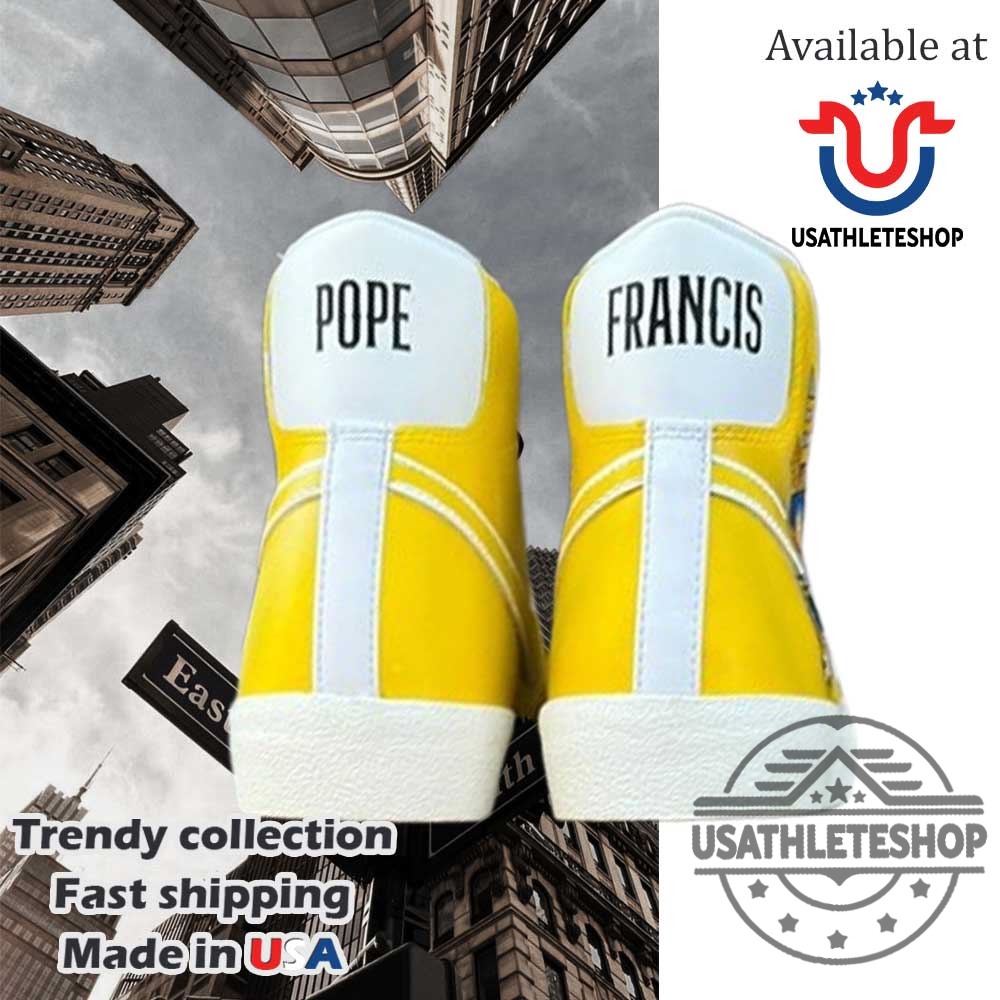Pope Francis Custom Sneakers Yellow Hightop Shoes With Vatican Emblem 6 Pope Francis Custom Sneakers – Yellow HighTop Shoes with Vatican Emblem