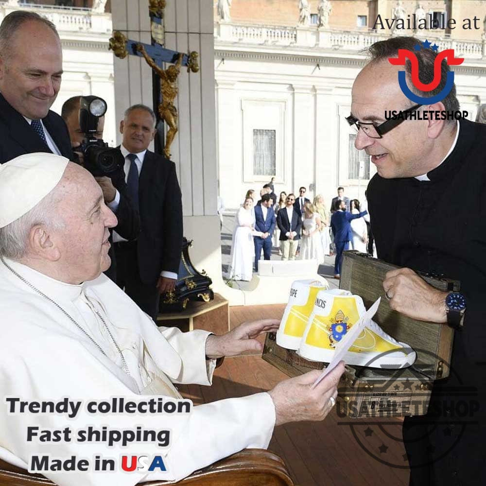 Pope Francis Custom Sneakers Yellow Hightop Shoes With Vatican Emblem 7 Pope Francis Custom Sneakers – Yellow HighTop Shoes with Vatican Emblem