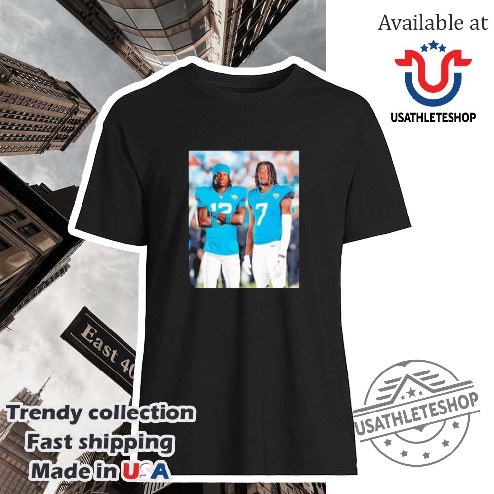 "Top 2025 Sports Shirts: Knicks, Celtics, Jaguars, NFL Draft Tees" 6 This Duo Brian Thomas Jr. And Travis Hunter Jacksonville Jaguars Shirt