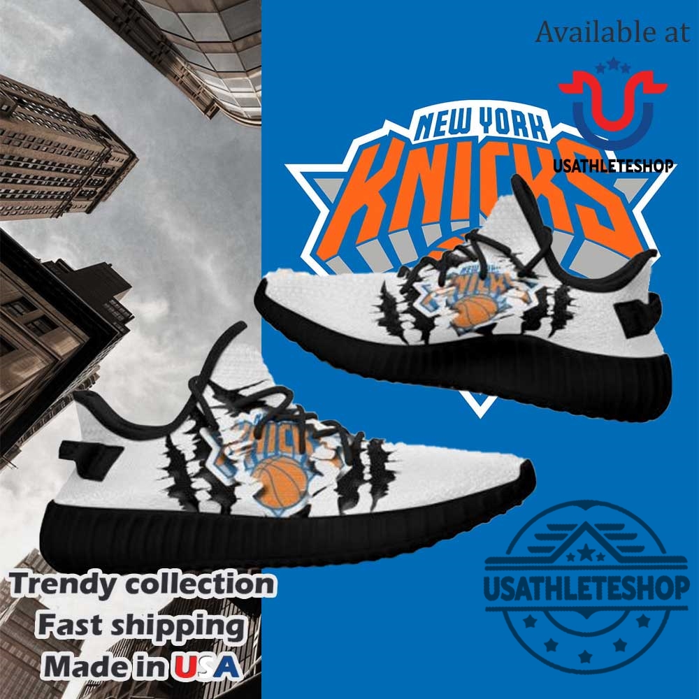 "Top NBA-Themed Sneakers: Air Jordans and Yeezys for Knicks, Celtics Fans" 5 Nba New York Knicks White Scratch Yeezy Boost Sneakers Black Sole