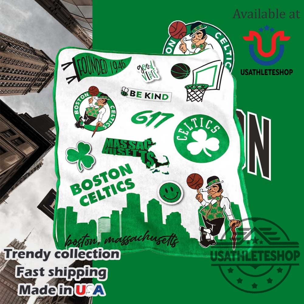 Boston Celtics 1946 Founded Fan Blanket Green City Skyline 617 And Good Vibes Edition 3 Boston Celtics 1946 Founded Fan Blanket Green City Skyline 617 and Good Vibes Edition
