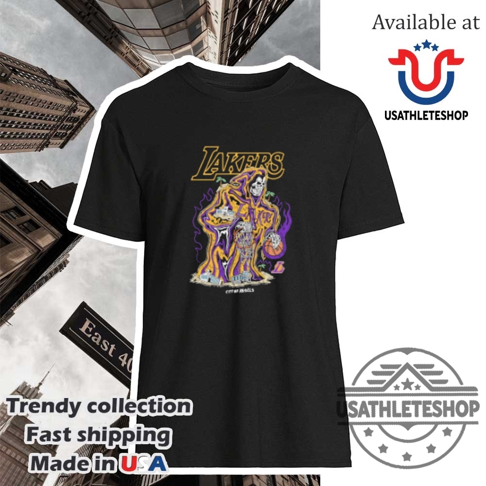"Top Trending NBA and MLB Graphic Tees: Ultimate Must-Have Collection" 6 Los Angeles Lakers Warren Lotas Reaper Skeleton Tee City Of Angels Flood Style