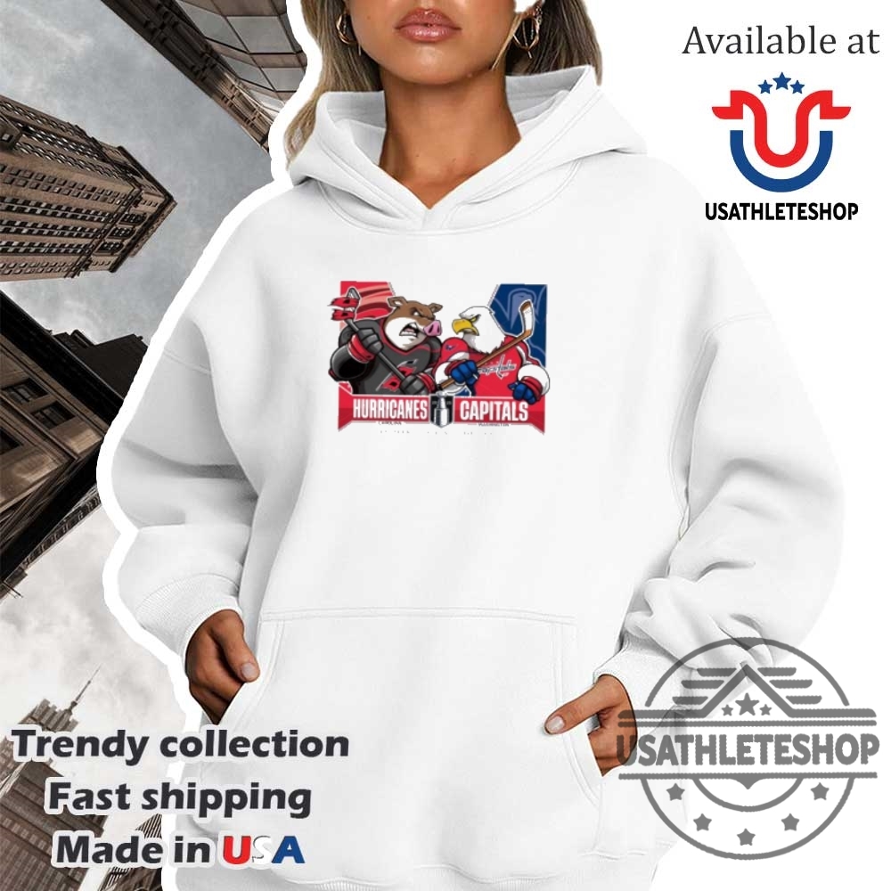 Carolina Hurricanes Vs Washington Capitals 2025 Stanley Cup Mascot Matchup Tshirts 4 Carolina Hurricanes vs Washington Capitals 2025 Stanley Cup Mascot Matchup T-Shirts