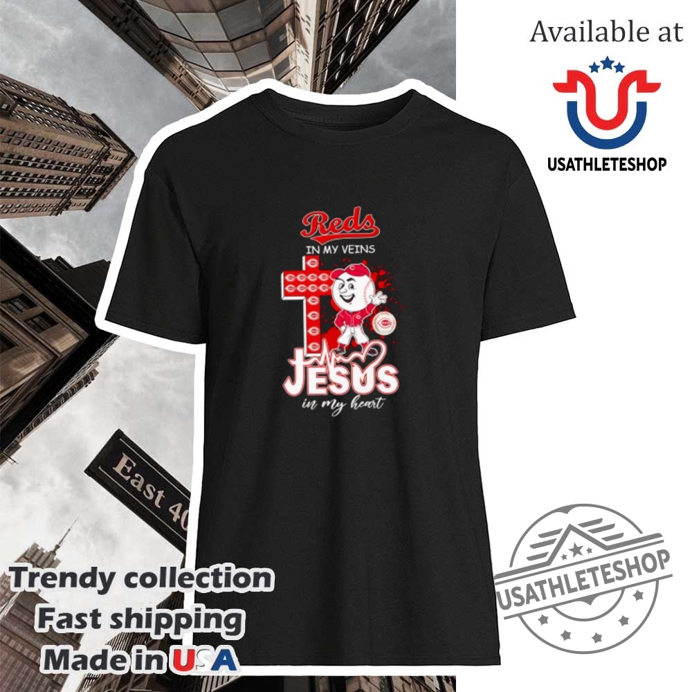 "Top 2025 Fan Tees: NBA, NFL, WWE, and More Apparel" 8 Reds In My Veins Jesus In My Heart Shirt Faith Baseball Tee
