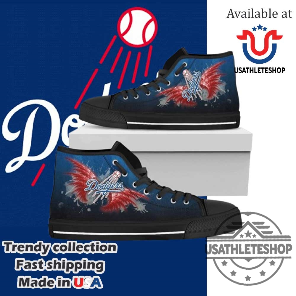 Step Up Your Game: Custom MLB Sneakers for Mets and Dodgers Fans 8 Los Angeles Dodgers Winged Baseball Fan High Top Sneakers Black Sole Canvas Shoes