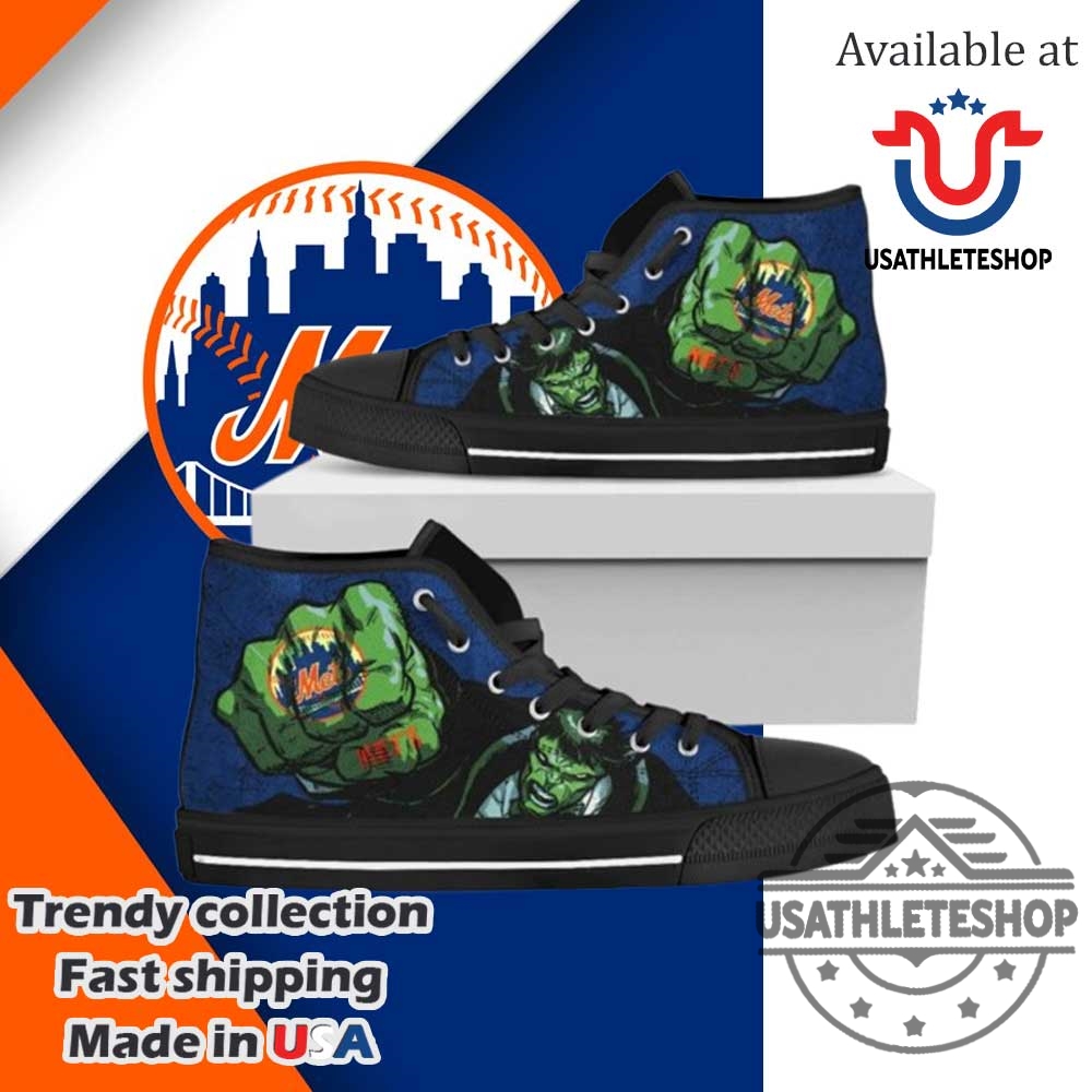 Step Up Your Game: Custom MLB Sneakers for Mets and Dodgers Fans 9 New York Mets X Hulk Marvel High Top Sneakers Black Sole Superhero Fan Shoes