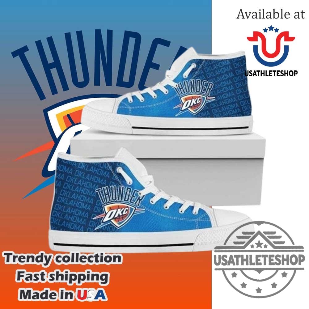 "Shop Oklahoma City Thunder Sneakers: High, Low, Custom Styles Available" 3 Oklahoma City Thunder High Top Sneakers White Sole Custom Okc Basketball Fan Shoes For Men And Women
