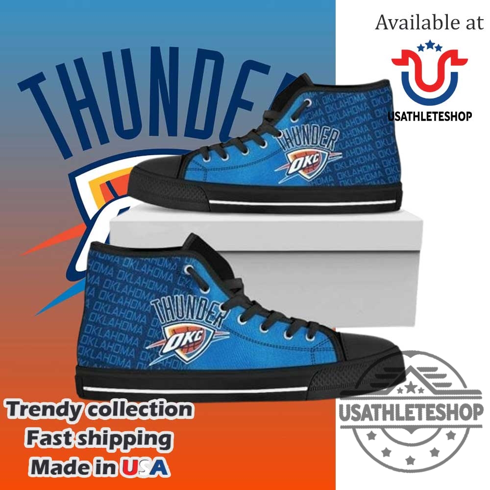 "Shop Oklahoma City Thunder Sneakers: High, Low, Custom Styles Available" 4 Oklahoma City Thunder High Top Sneakers Black Sole Custom Okc Basketball Fan Shoes For Men And Women