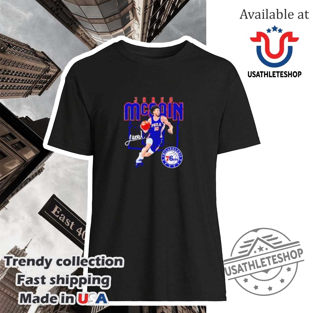"Top WNBA and NBA Playoff T-Shirts for 2025 Season Preview" 20 Jared Mccain Philadelphia 76Ers Player Signature Shattered Shirt