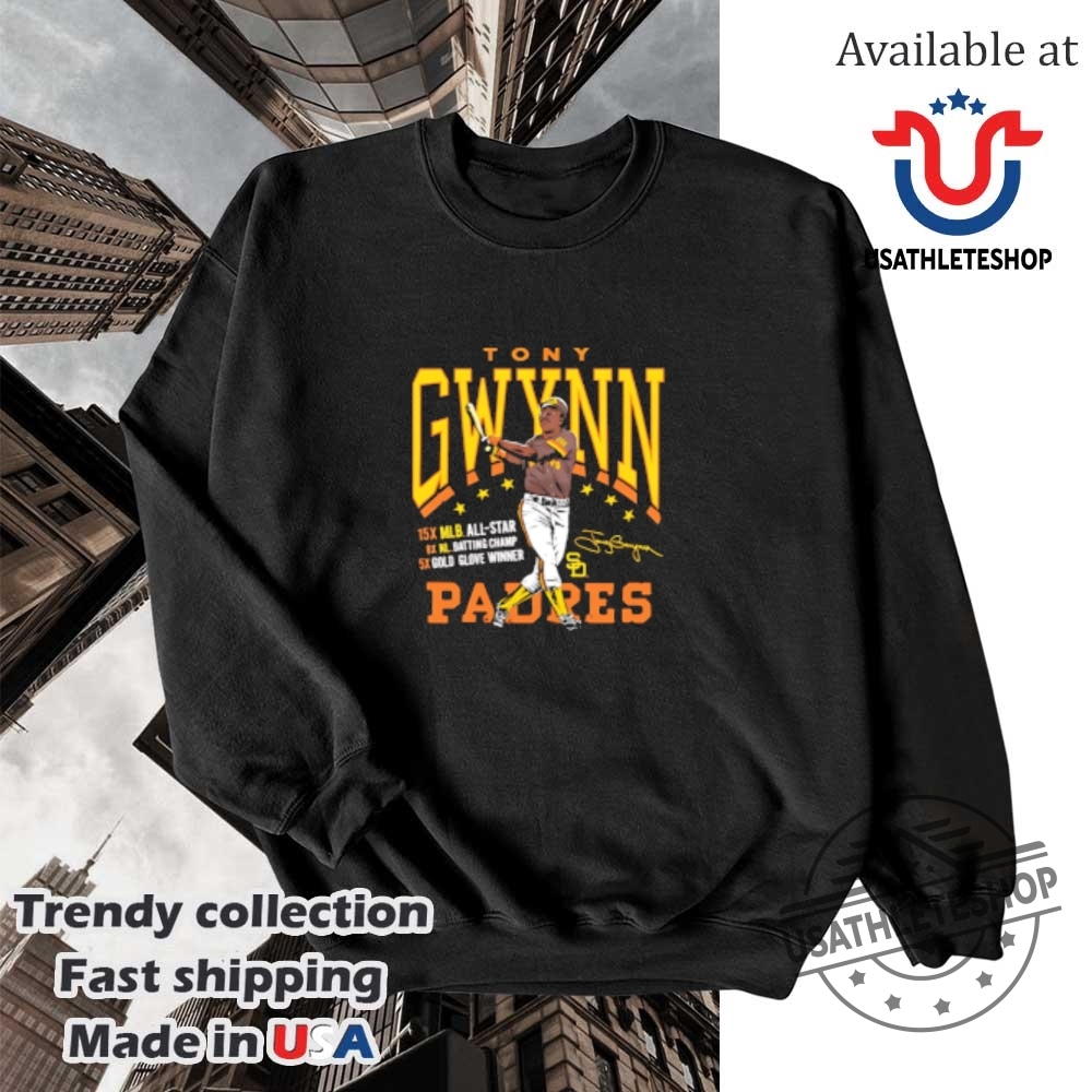 Tony Gwynn San Diego Padres Brown Signature Caricature Shirt 5 Tony Gwynn San Diego Padres Brown signature caricature shirt