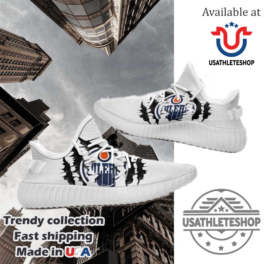 "Custom NHL Sneakers: Support Your Team in Style and Comfort" 7 Nhl Edmonton Oilers Tearing Open Logo Yeezy Boost Sneakers White Sole