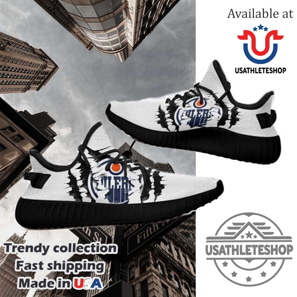 "Custom NHL Sneakers: Support Your Team in Style and Comfort" 8 Nhl Edmonton Oilers Tearing Open Logo Yeezy Boost Sneakers Black Sole