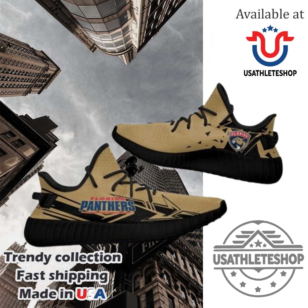 "Custom NHL Sneakers: Support Your Team in Style and Comfort" 12 Nhl Florida Panthers Gold Blue Arrow Yeezy Boost Sneakers Black Sole