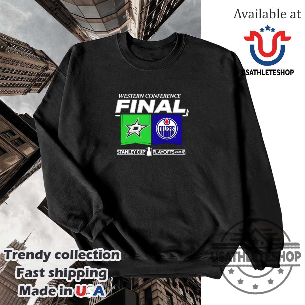 Dallas Stars Vs. Edmonton Oilers 2025 Stanley Cup Playoffs Western Conference Finals Matchup Center Ice Shirt 5 Dallas Stars vs. Edmonton Oilers 2025 Stanley Cup Playoffs Western Conference Finals Matchup Center Ice shirt