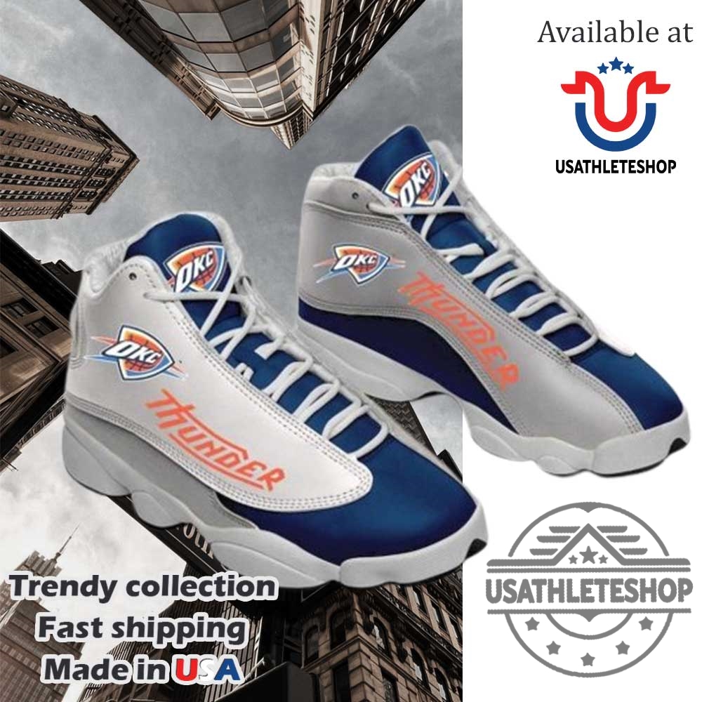 "Top NBA Fan Sneakers: Thunder and Timberwolves Custom Shoe Trends" 2 Oklahoma City Thunder Air Jordan 13 Shoes Navy Blue Silver Nba Fan Sneakers
