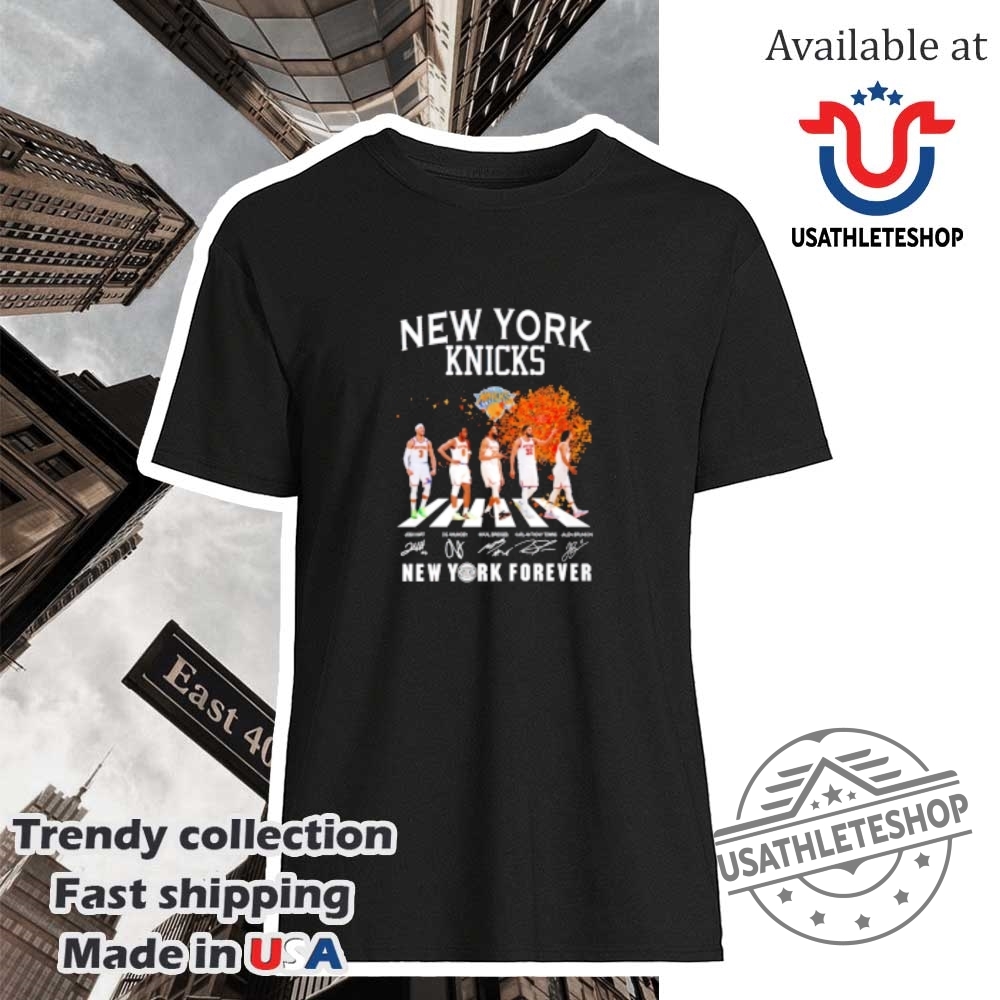 "Shop 2025 Oklahoma City Thunder and Knicks NBA Playoffs T-Shirts" 14 New York Knicks Players Walking New York Forever Signatures Shirt