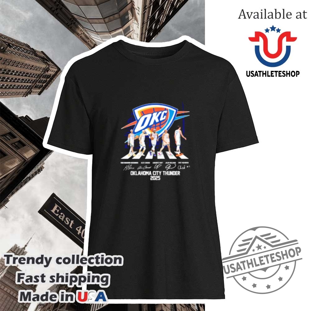 "Shop 2025 Oklahoma City Thunder and Knicks NBA Playoffs T-Shirts" 24 Oklahoma City Thunder 2025 Players Walking Signatures Shirt