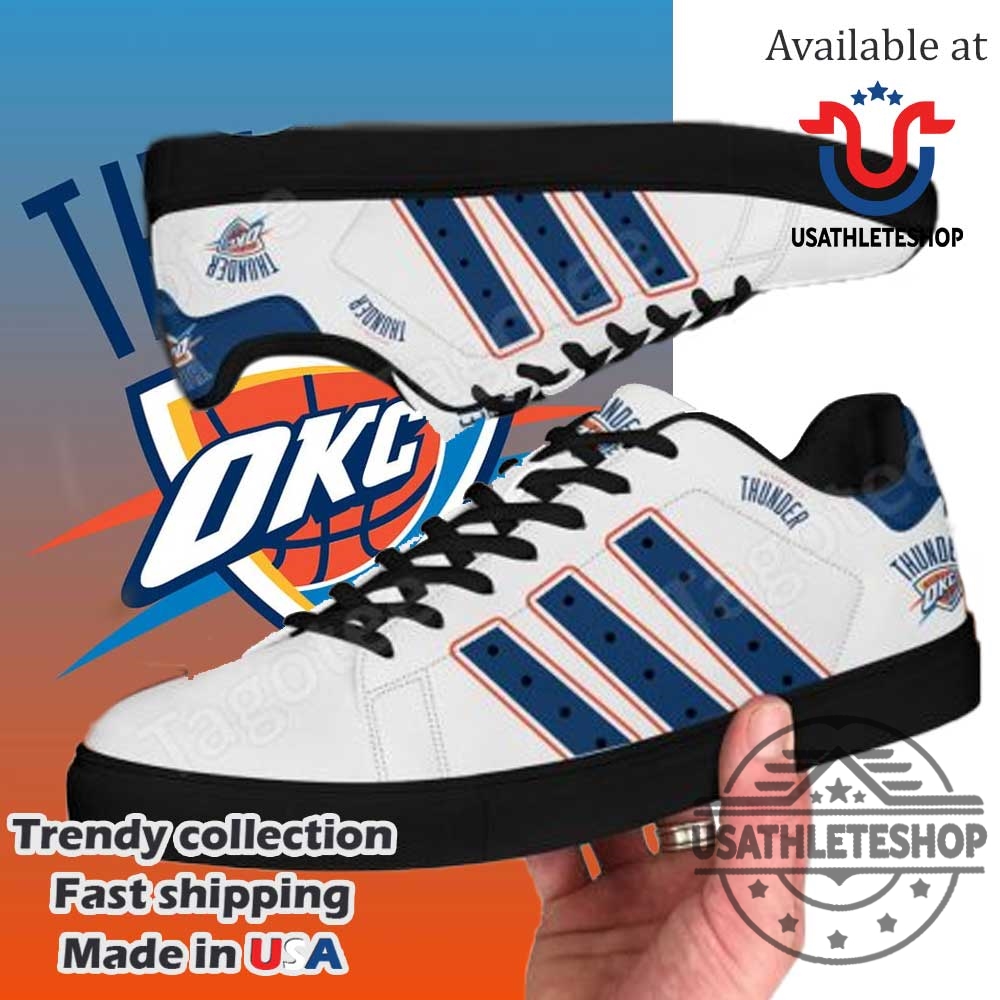 "Shop the Latest Oklahoma City Thunder Sneakers: Stan Smiths & Yeezys" 2 Oklahoma City Thunder Stan Smith Shoes White Navy Black Sole