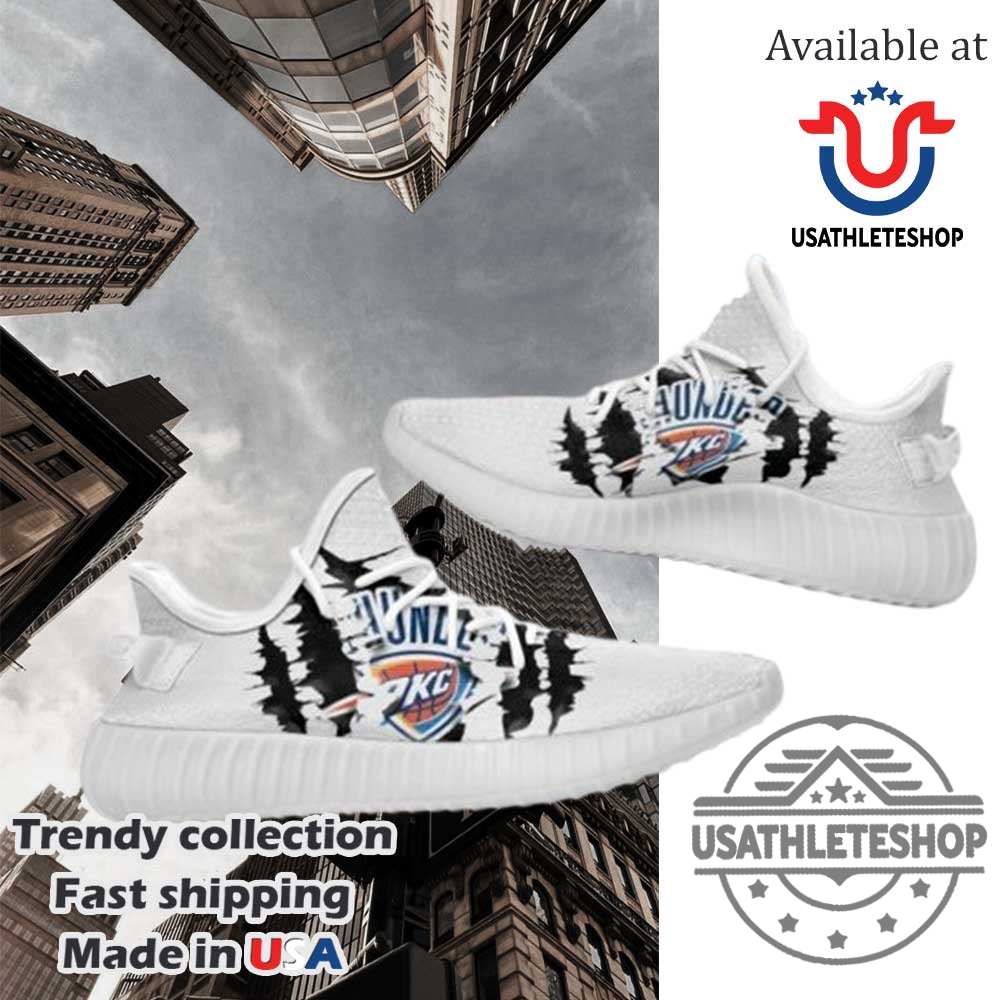 "Shop the Latest Oklahoma City Thunder Sneakers: Stan Smiths & Yeezys" 4 Oklahoma City Thunder Yeezy Boost Sneakers White Scratch Design