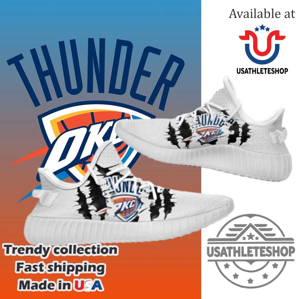 Oklahoma City Thunder Yeezy Boost Sneakers White Scratch Design 3 Oklahoma City Thunder Yeezy Boost Sneakers – White Scratch Design