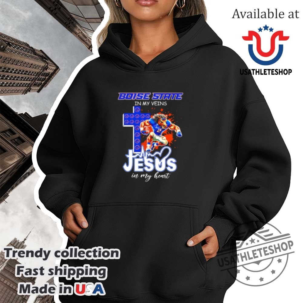 Boise State Broncos In My Veins Jesus In My Heart Cross Mascot Shirt 4 Boise State Broncos in my veins Jesus in my heart cross mascot shirt