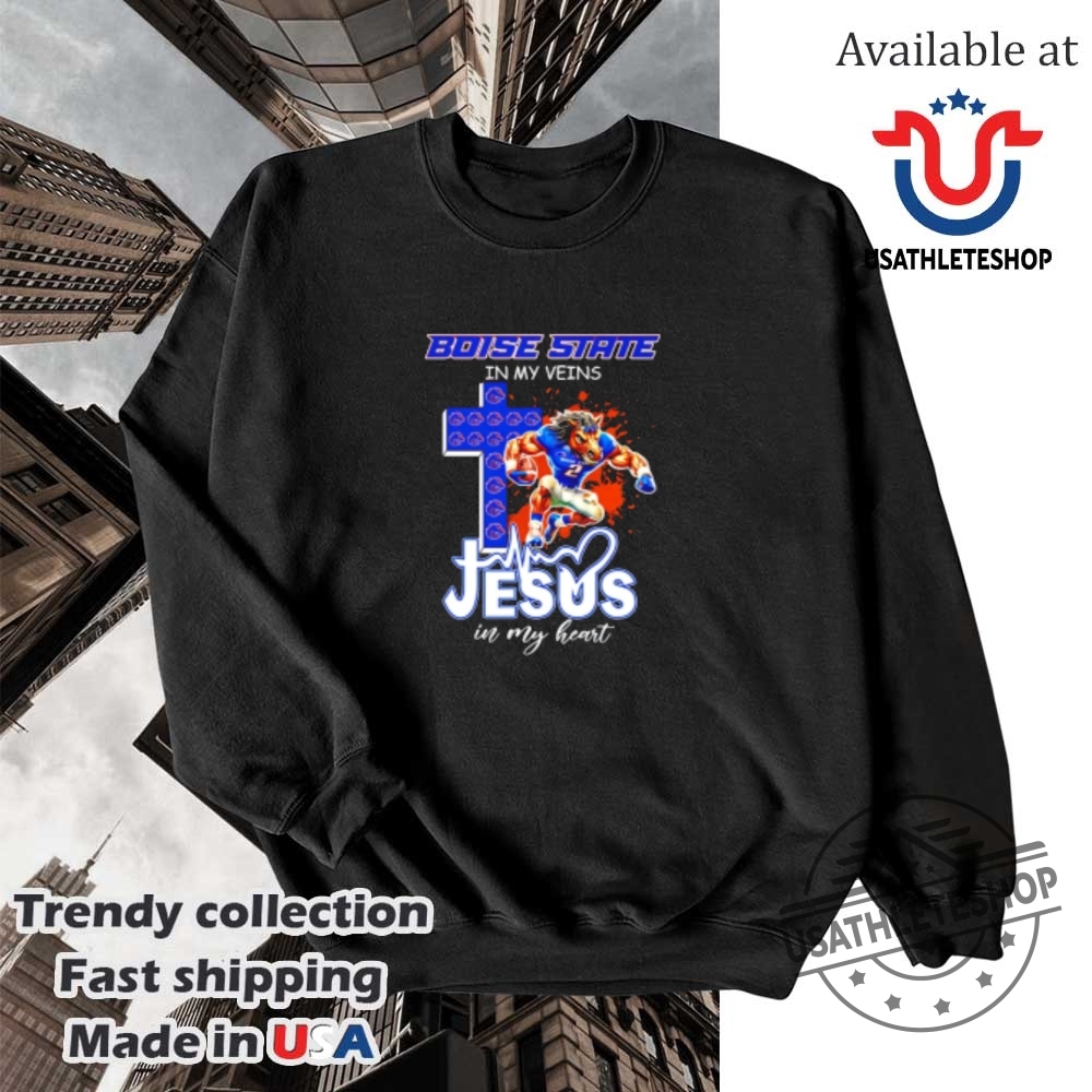 Boise State Broncos In My Veins Jesus In My Heart Cross Mascot Shirt 5 Boise State Broncos in my veins Jesus in my heart cross mascot shirt