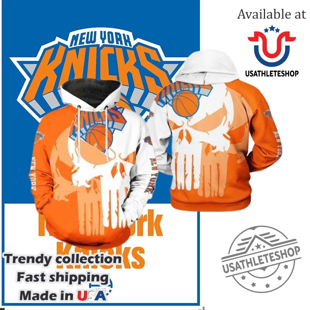 Nba New York Knicks Orange White Punisher Skull Pullover Hoodie