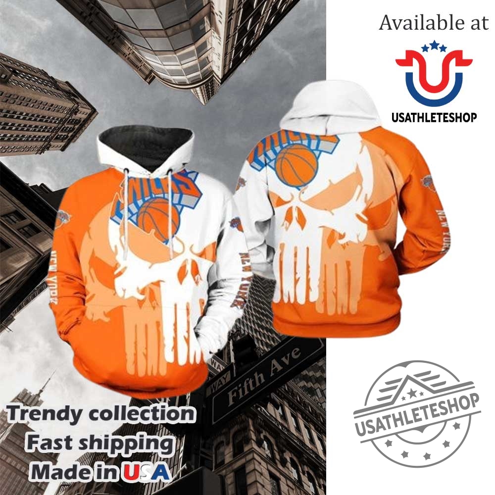 Nba New York Knicks Orange White Punisher Skull Pullover Hoodie 3 NBA New York Knicks Orange White Punisher Skull Pullover Hoodie
