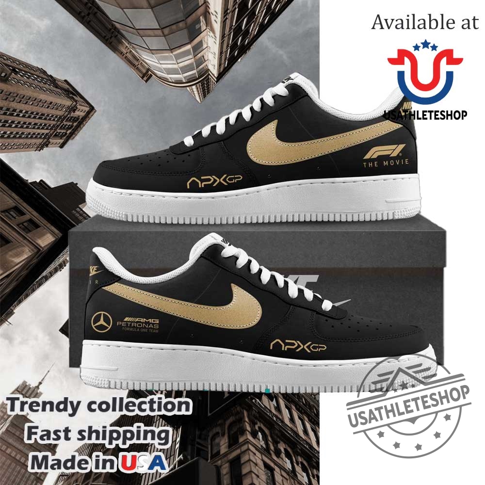 Formula 1 The Movie Black Gold Nike Air Force 1 Sneakers Limited Edition Amg Petronas X Apxgp Collaboration 3 Formula 1 The Movie Black Gold Nike Air Force 1 Sneakers Limited Edition AMG Petronas X APXGP Collaboration
