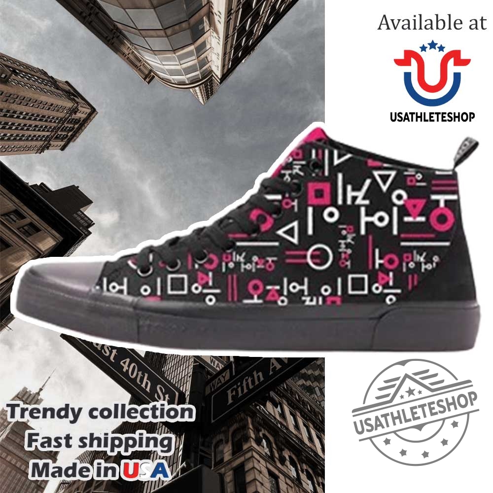 Squid Game High Top Sneakers Black And Pink Symbol Design Fan Shoes 3 Squid Game High Top Sneakers Black and Pink Symbol Design Fan Shoes