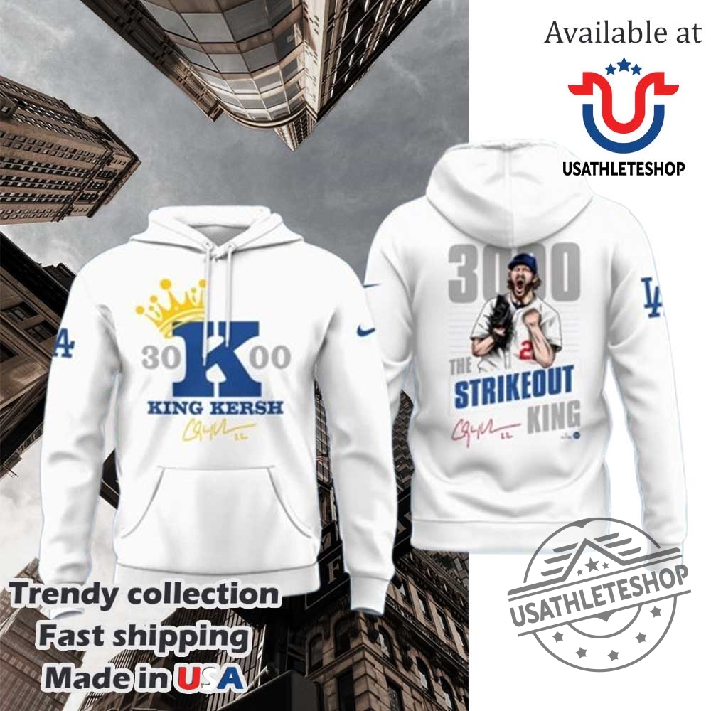 "Celebrate With Unique Anniversary Shoes and Commemorative Sports Shirts" 35 Clayton Kershaw Makes History And Joins The 3000 Strikeout King Signature White Hoodie