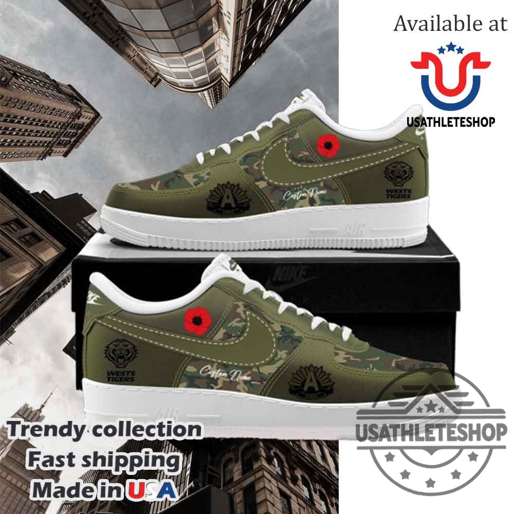 "Custom Air Max Plus Shoes & Unique Shirts for Sports Fans" 40 Wests Tigers Anzac Day 2025 Nike Air Force 1 Sneakers Shoes