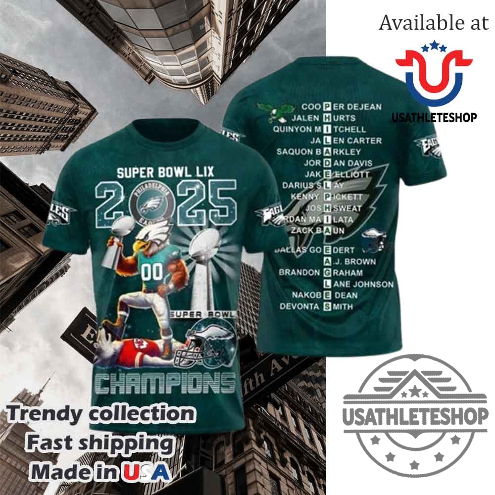 "Top 2025 Sports Hoodies and Shirts for Fans and Events" 18 Eagles Super Bowl Lix 2025 Champions Green All Over Print Tshirt Hoodie